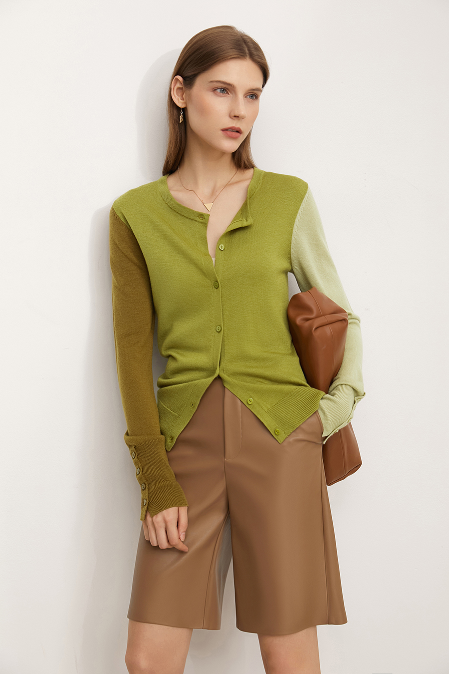 Color-Block Crew Neck Knit Cardigan