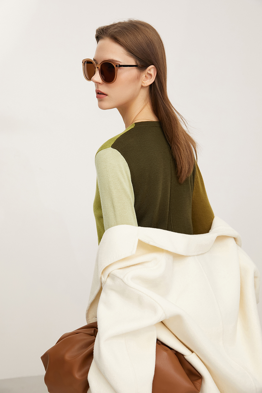 Color-Block Crew Neck Knit Cardigan