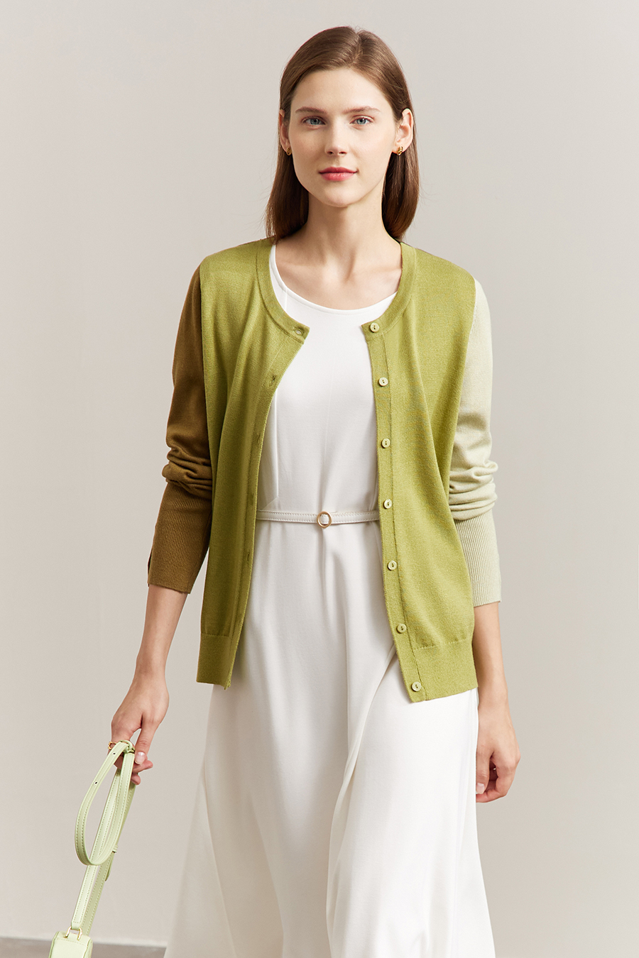 Color-Block Crew Neck Knit Cardigan