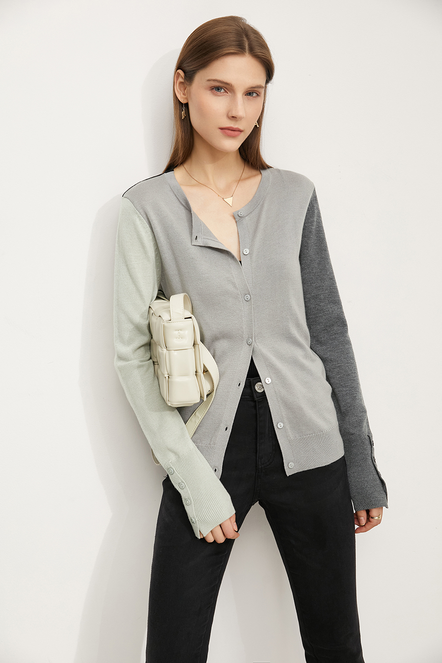 Color-Block Crew Neck Knit Cardigan