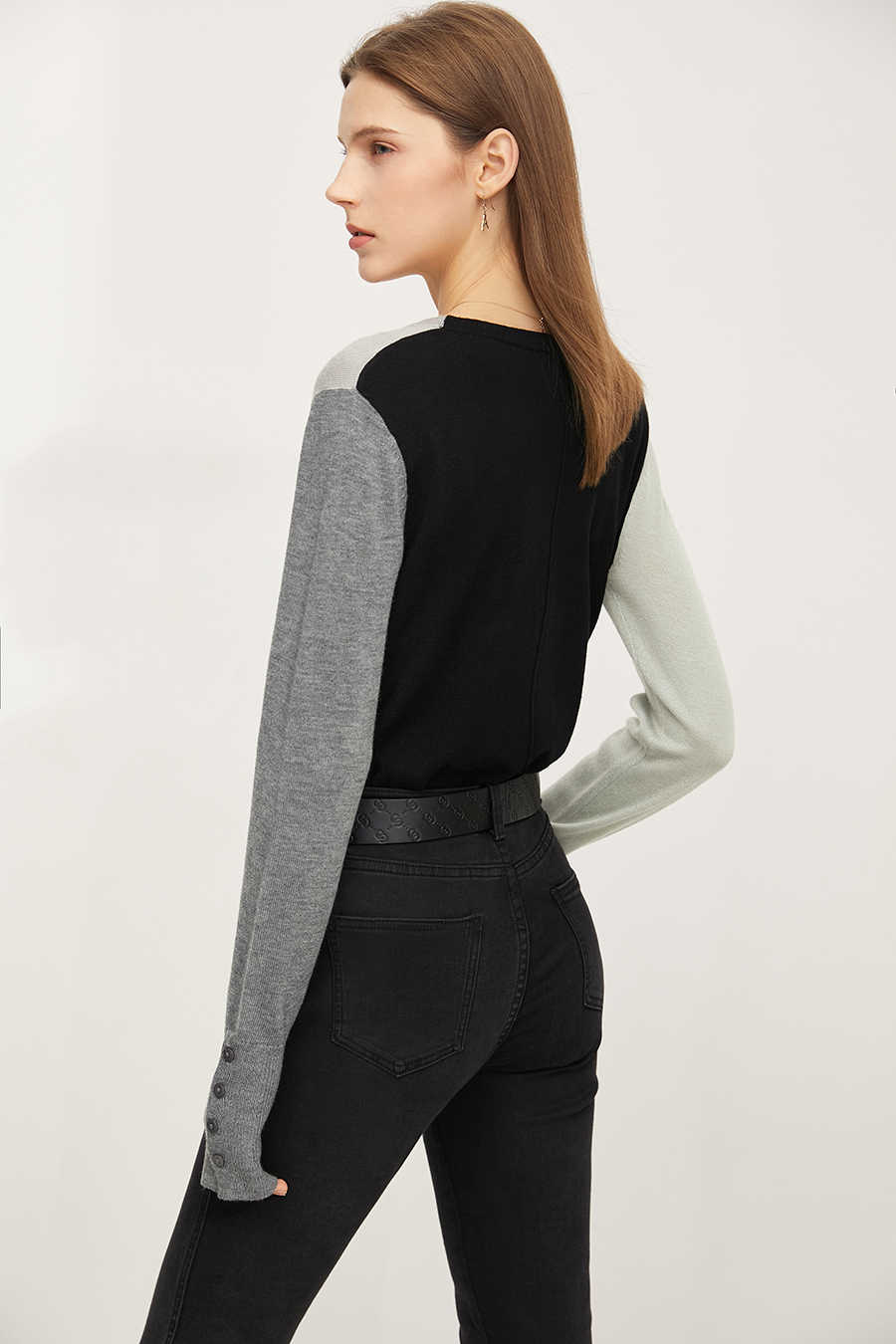 Color-Block Crew Neck Knit Cardigan