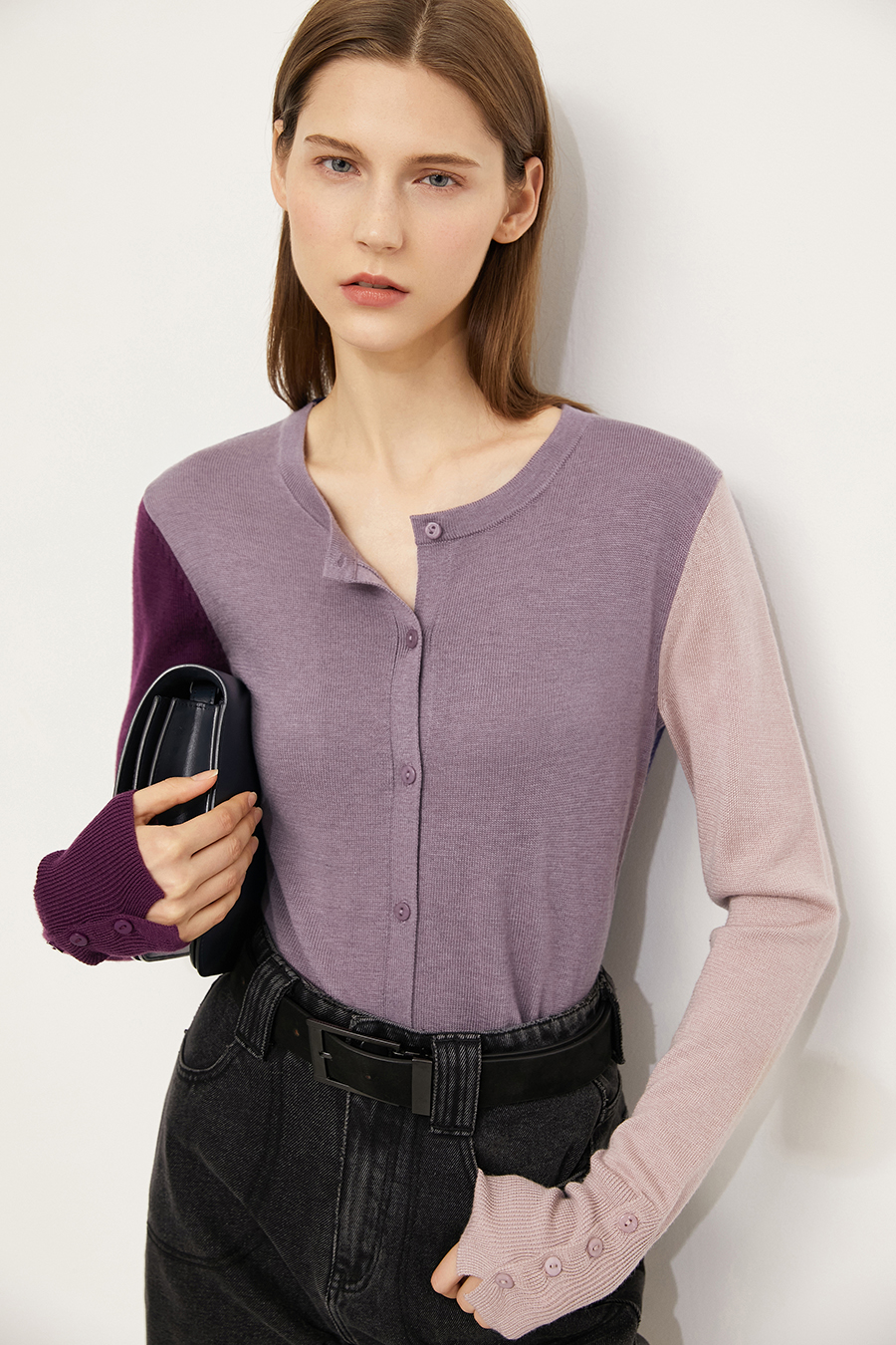 Color-Block Crew Neck Knit Cardigan