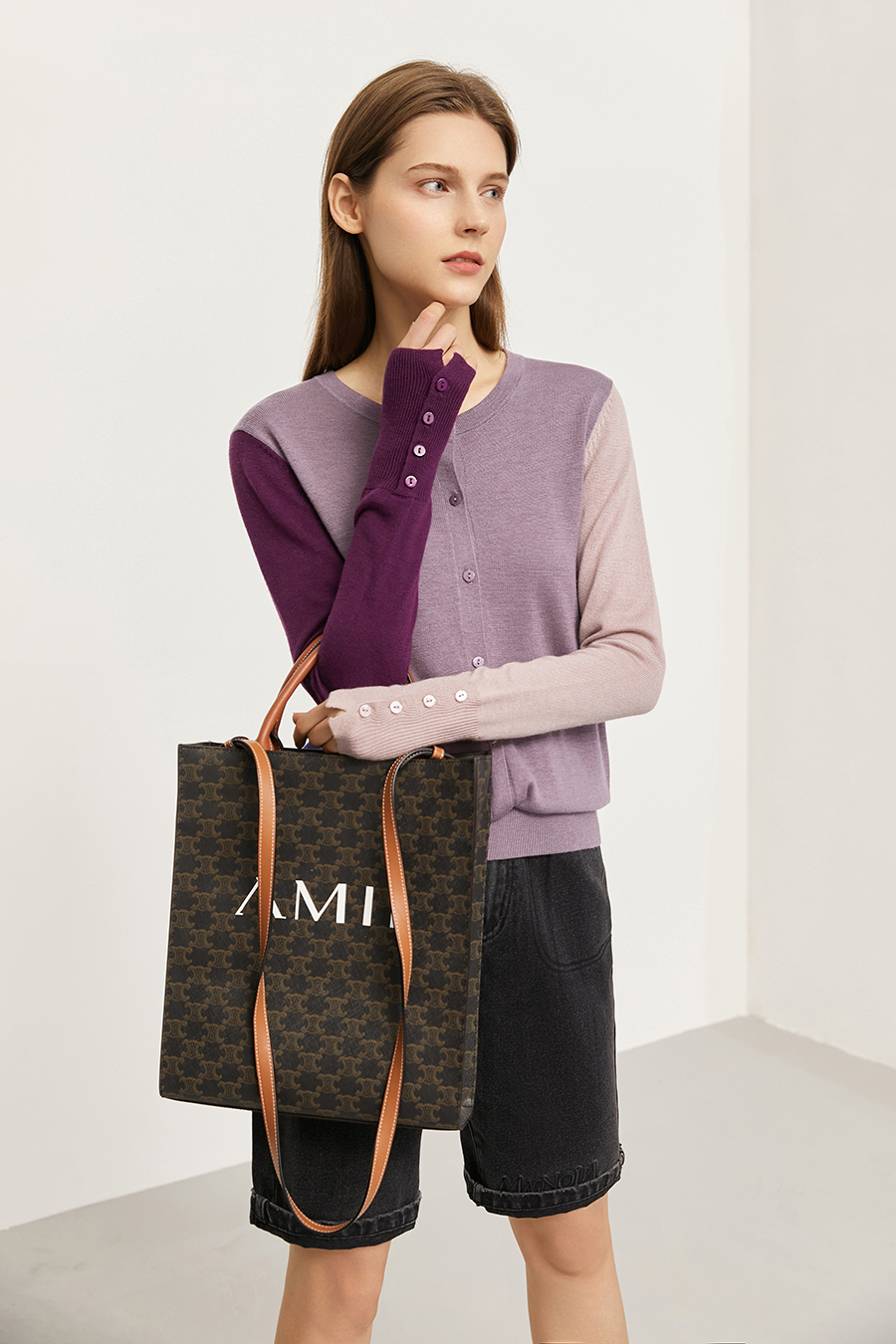 Color-Block Crew Neck Knit Cardigan