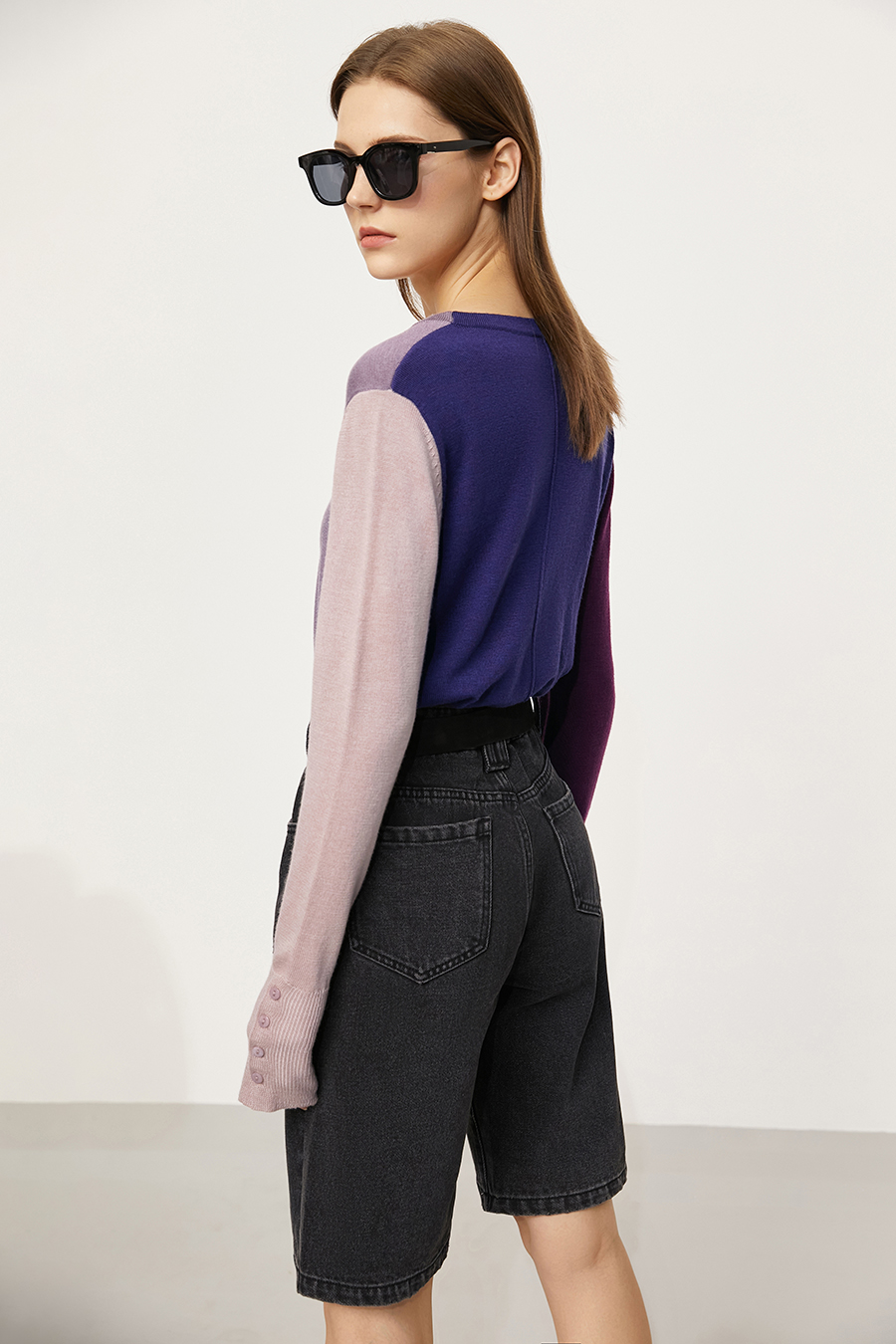 Color-Block Crew Neck Knit Cardigan