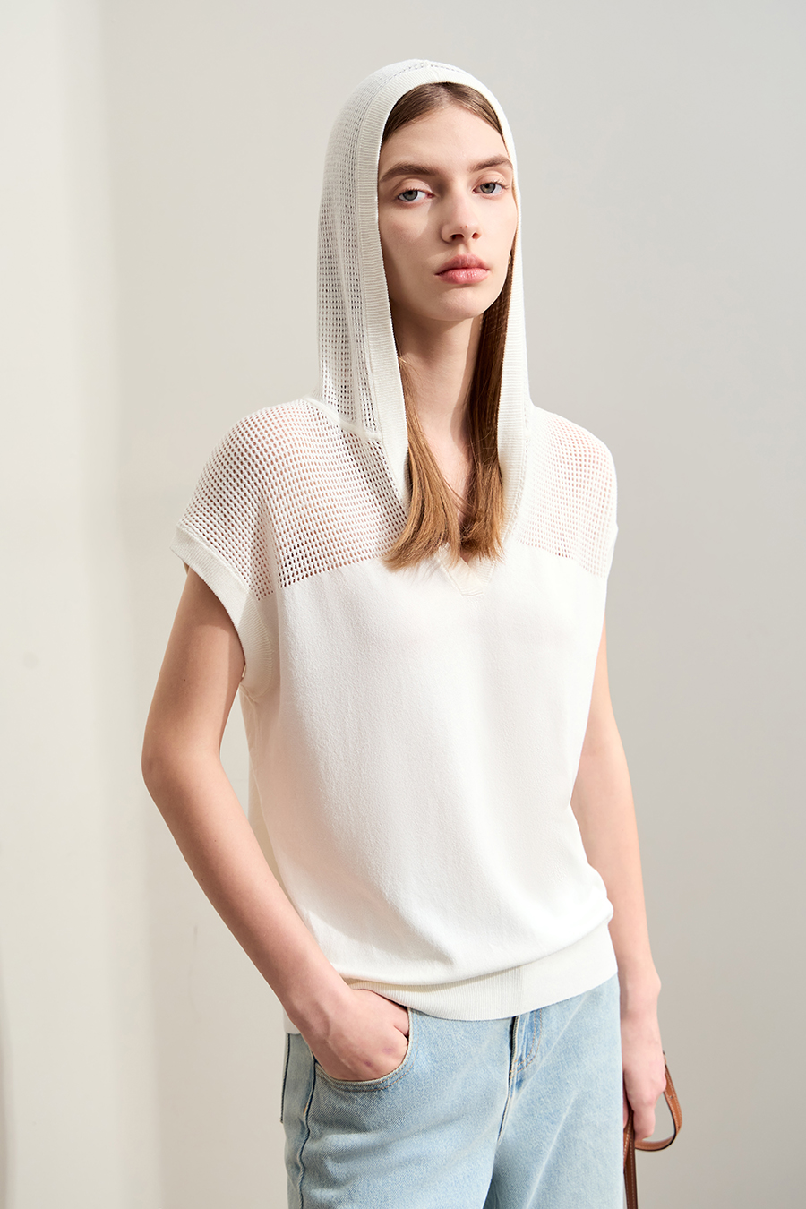 Linen-like Hooded Knit Top