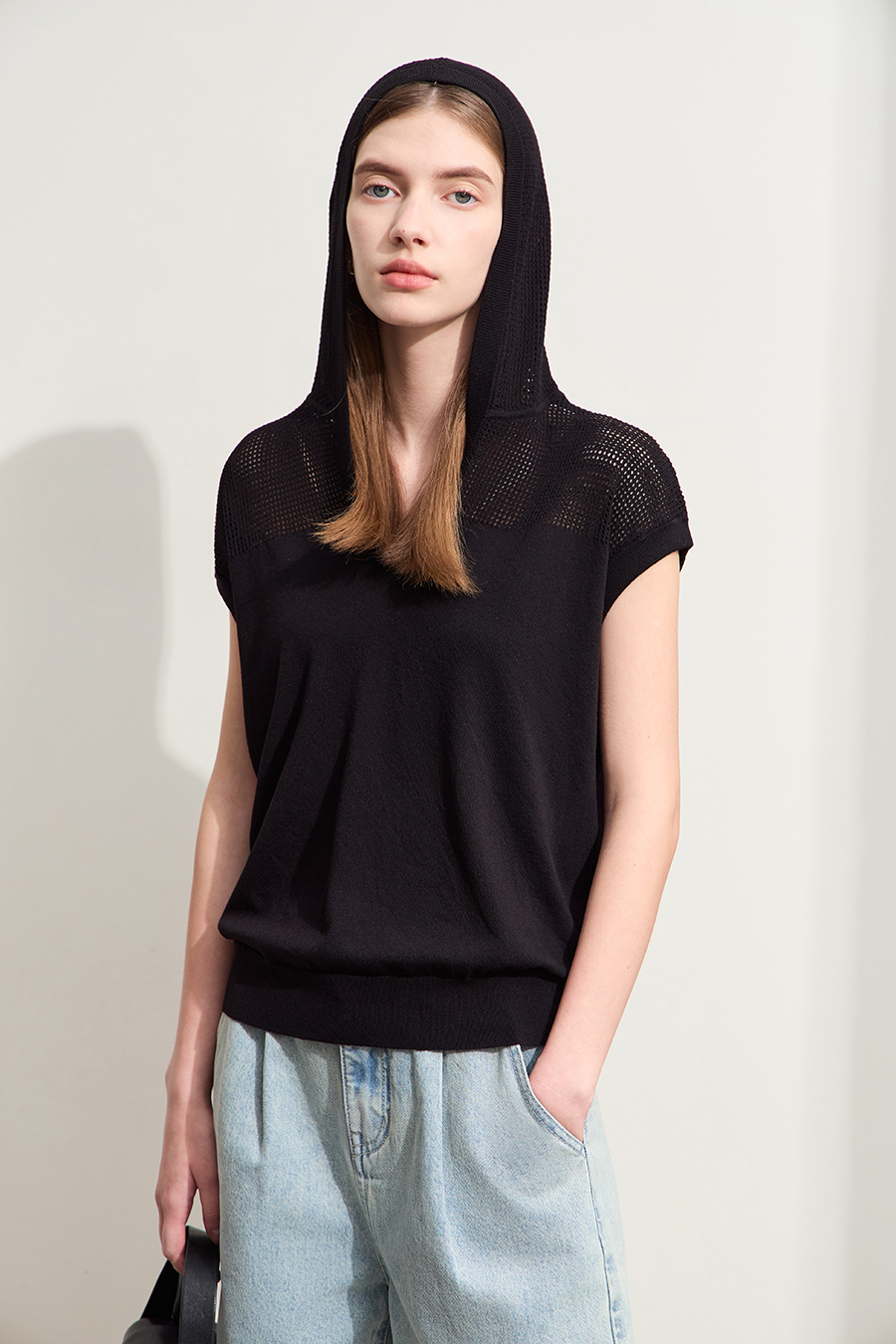 Linen-like Hooded Knit Top
