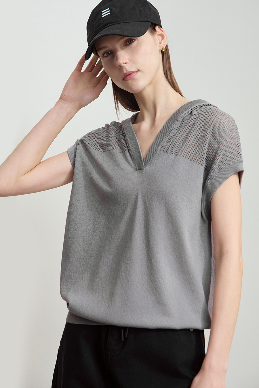 Linen-like Hooded Knit Top