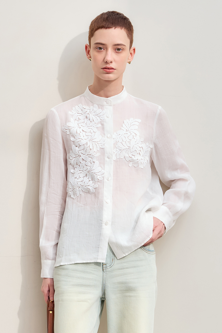 Lace Applique Ramie Shirt | AMII-AMII.com
