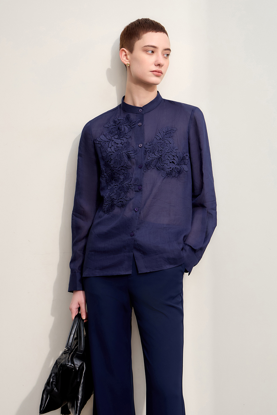 Lace Applique Ramie Shirt | AMII-AMII.com