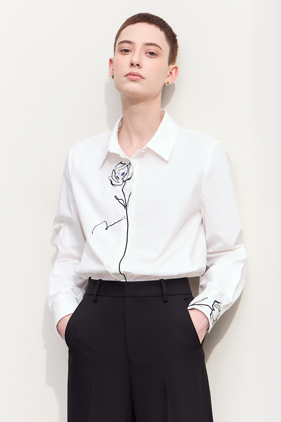 Rhinestone Embroidery All - Cotton Shirt|AMII-AMII.com
