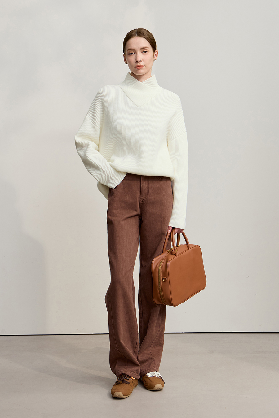 Overlapping High Neck Drop Shoulder Sweater|AMII-AMII.com