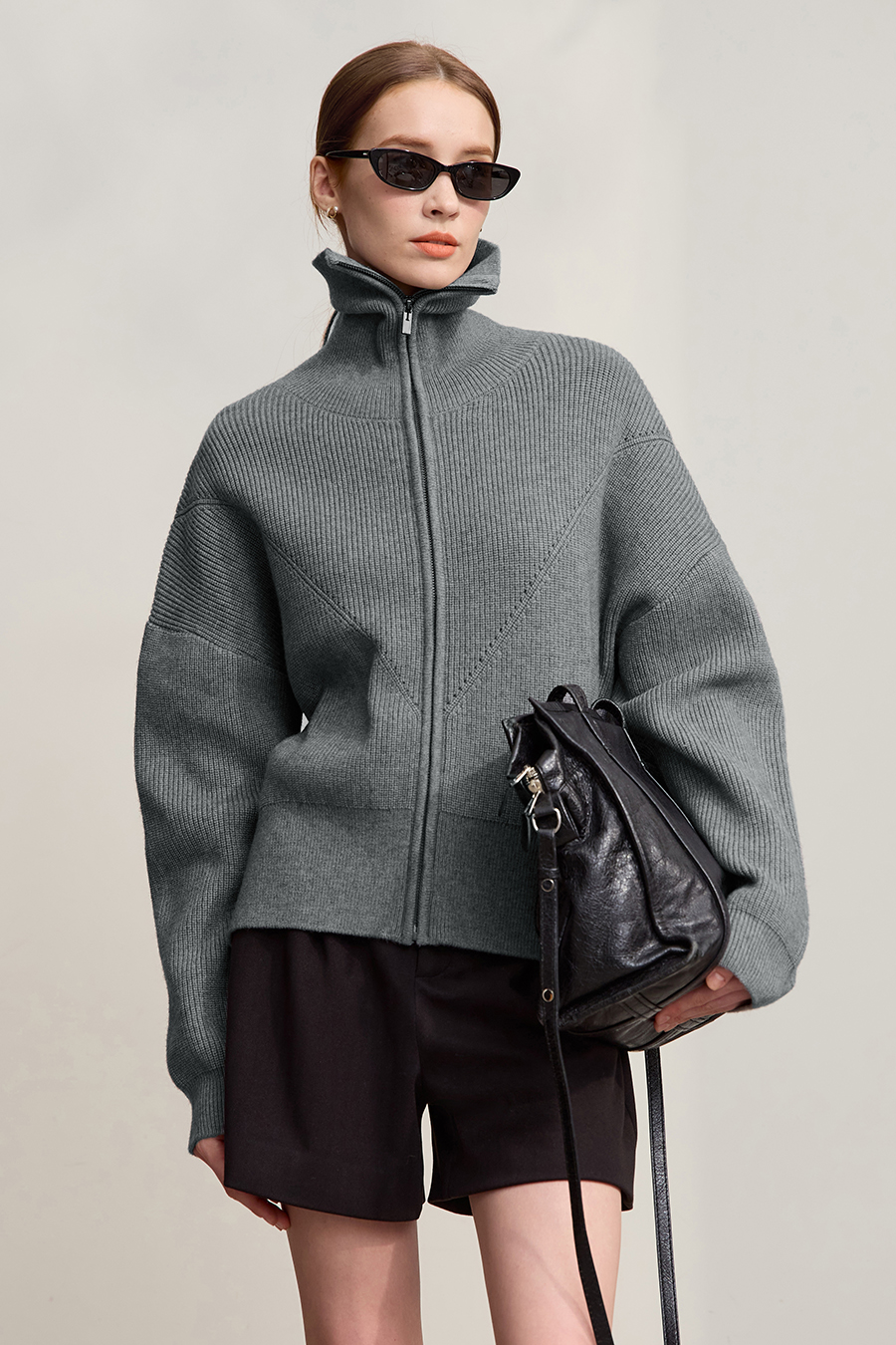 Lapel Zip-Up Knit Cardigan