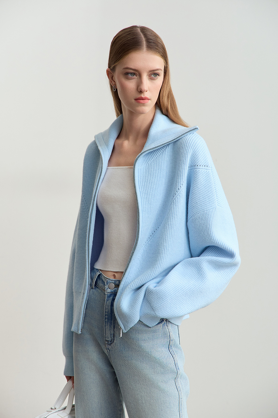 Lapel Zip-Up Knit Cardigan