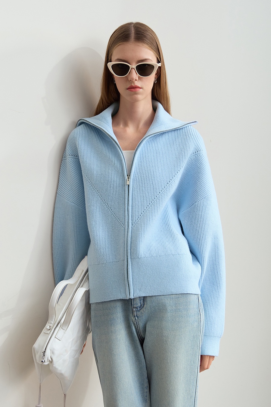 Lapel Zip-Up Knit Cardigan