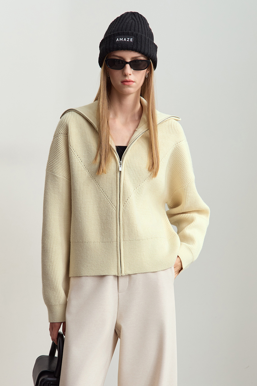 Lapel Zip-Up Knit Cardigan