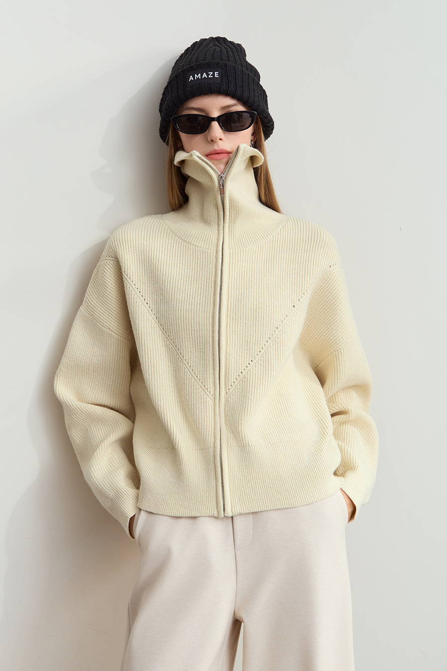 Lapel Zip-Up Knit Cardigan