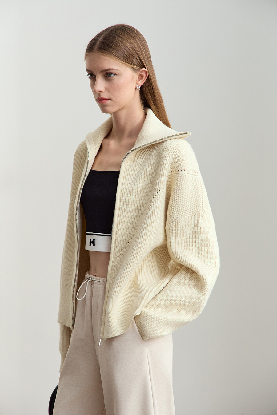Lapel Zip-Up Knit Cardigan