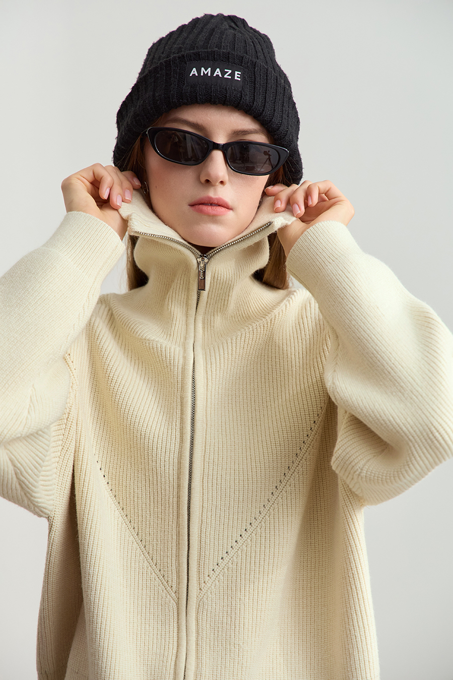 Lapel Zip-Up Knit Cardigan