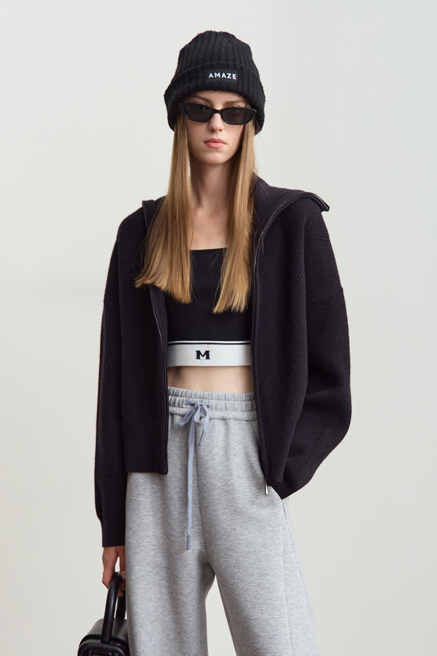 Lapel Zip-Up Knit Cardigan