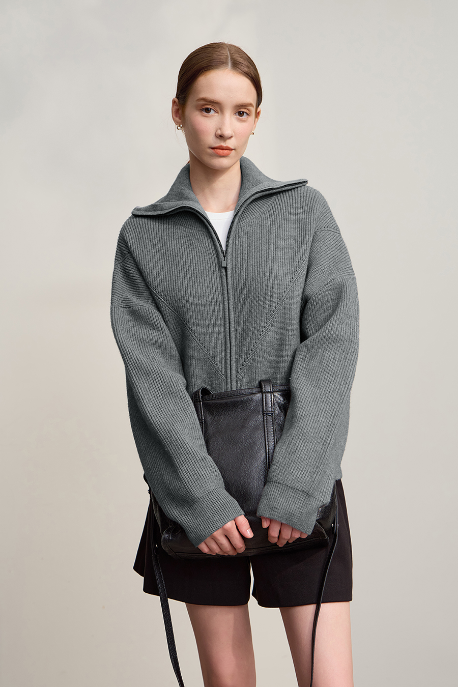 Lapel Zip-Up Knit Cardigan