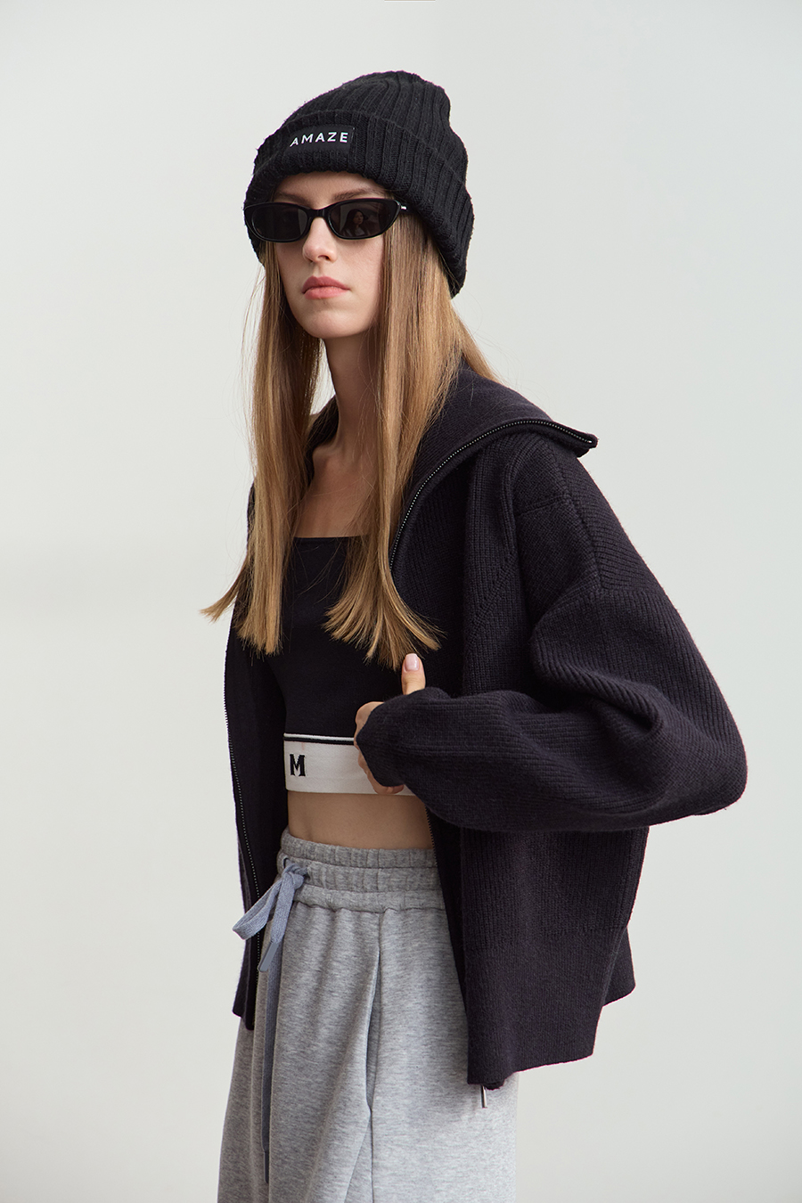 Lapel Zip-Up Knit Cardigan