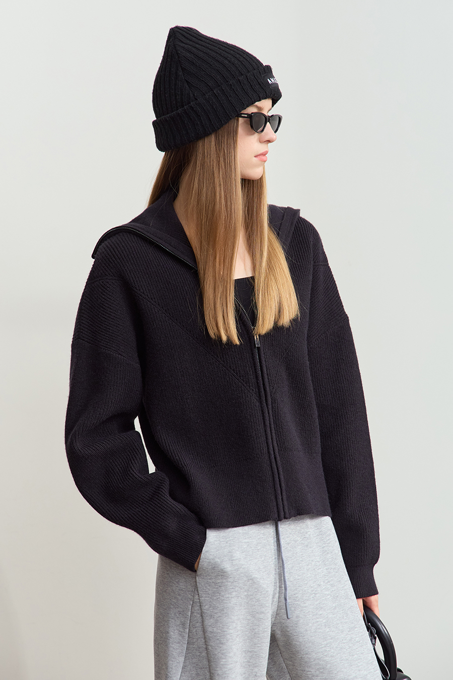 Lapel Zip-Up Knit Cardigan