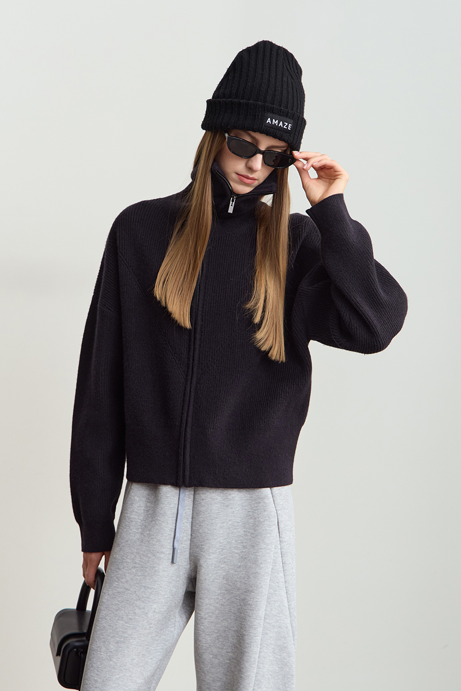 Lapel Zip-Up Knit Cardigan