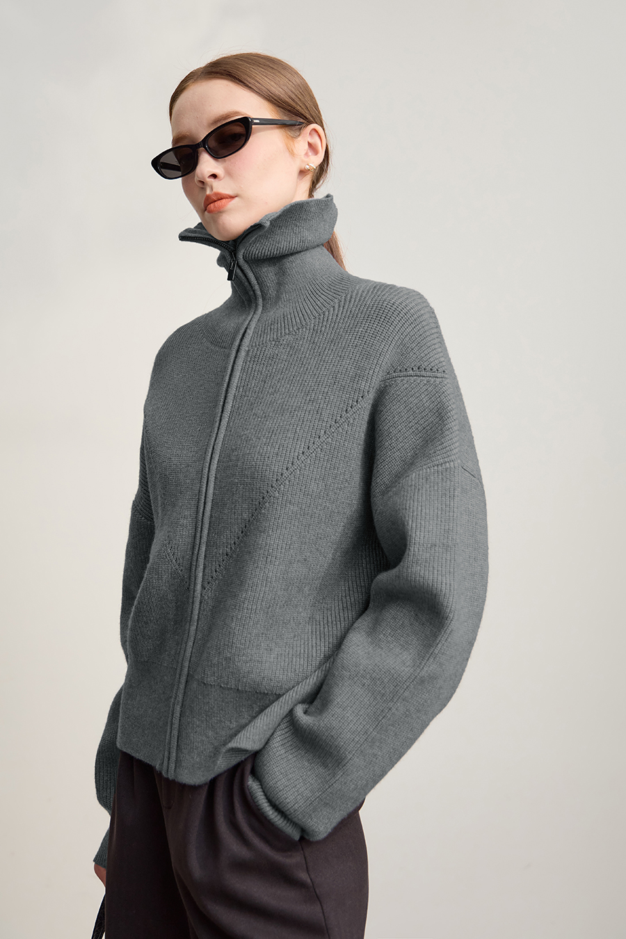 Lapel Zip-Up Knit Cardigan