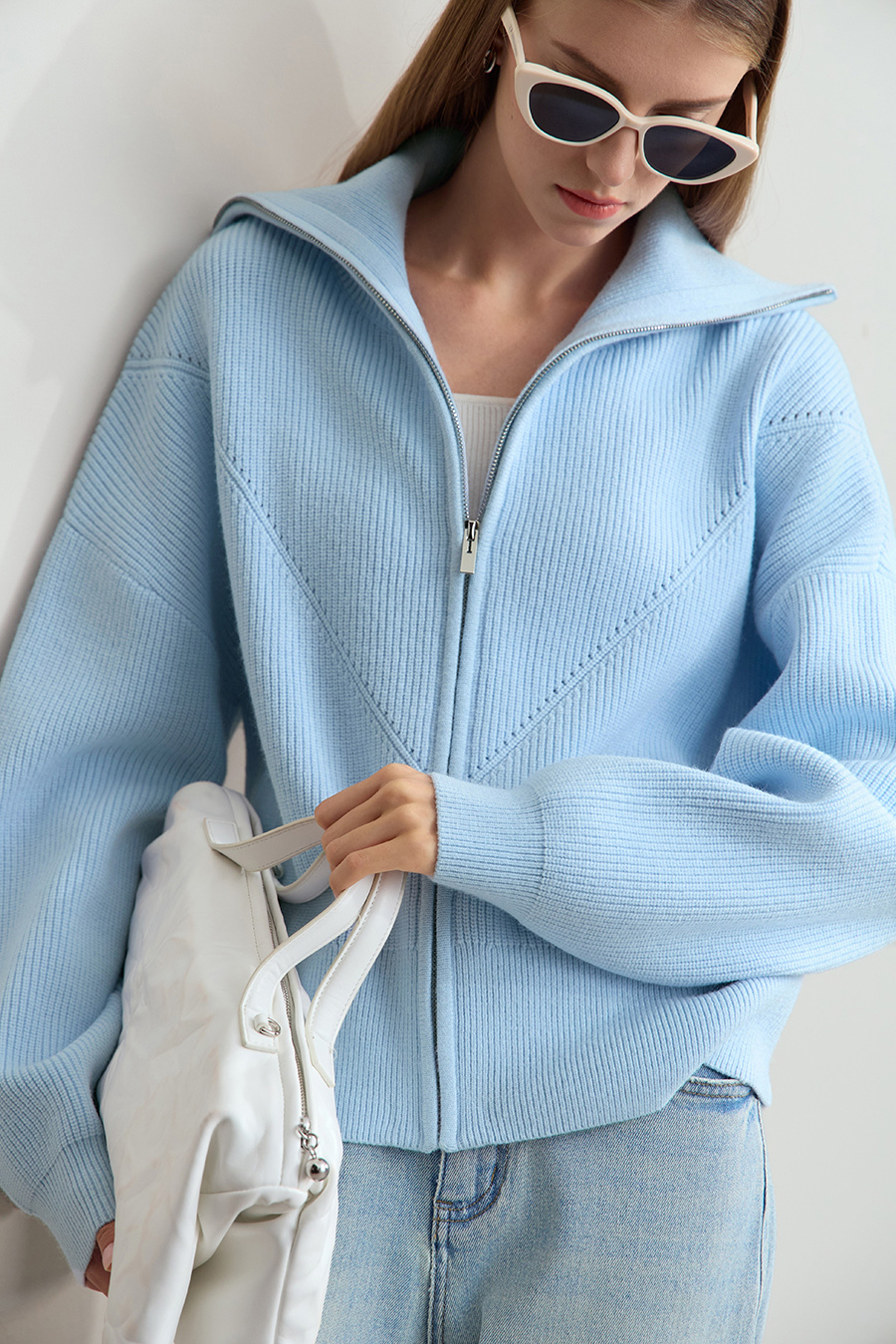 Lapel Zip-Up Knit Cardigan