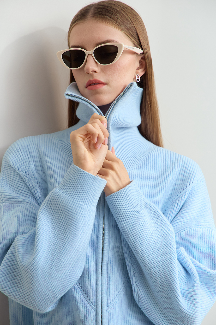 Lapel Zip-Up Knit Cardigan