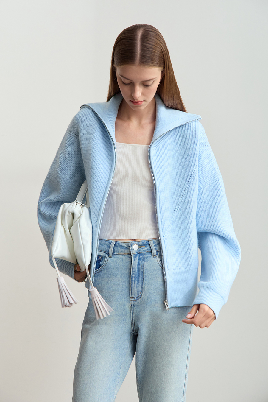 Lapel Zip-Up Knit Cardigan