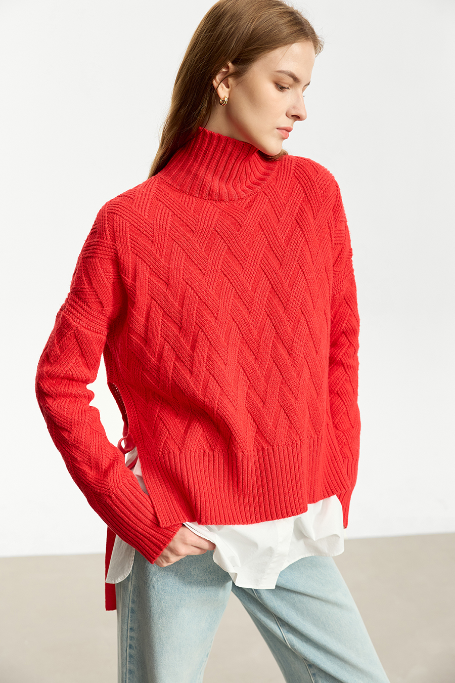High Neck Cable Knit Loose Sweater|AMII-AMII.com