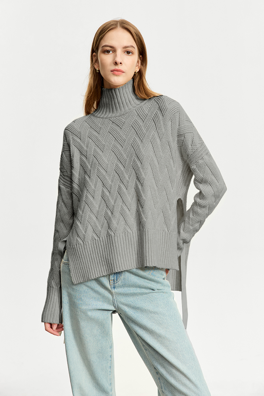 High Neck Cable Knit Loose Sweater|AMII-AMII.com