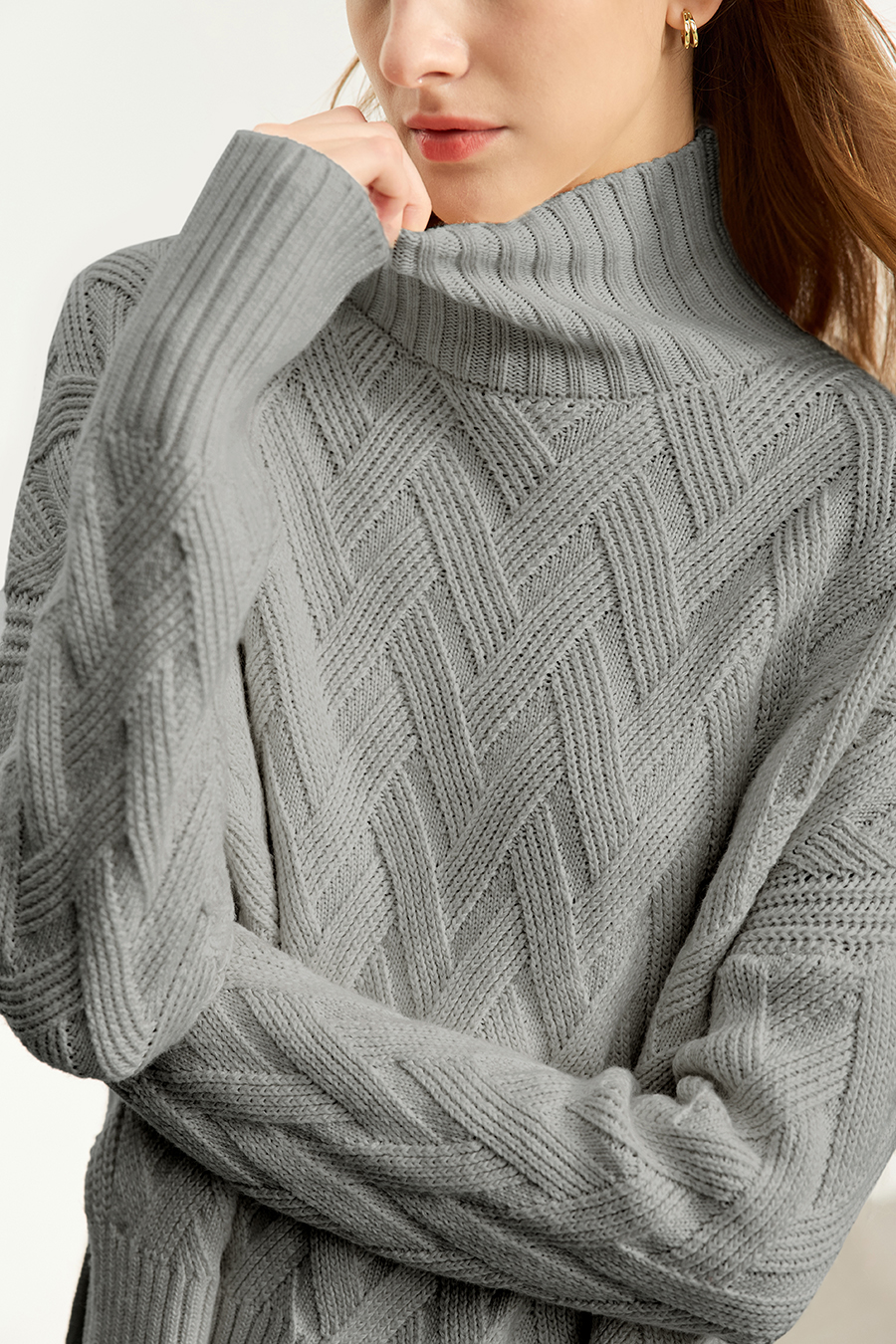High Neck Cable Knit Loose Sweater|AMII-AMII.com