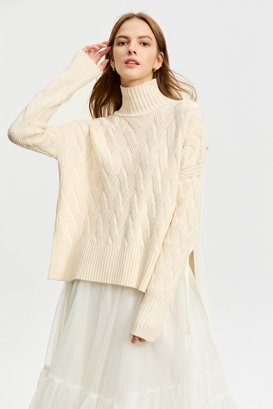 High Neck Cable Knit Loose Sweater|AMII-AMII.com