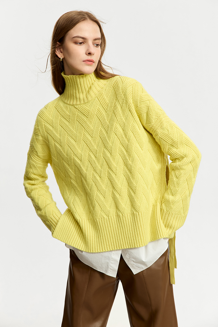 High Neck Cable Knit Loose Sweater|AMII-AMII.com