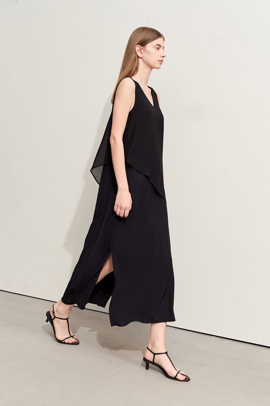 Contrast fabric spliced chiffon dress|AMII
