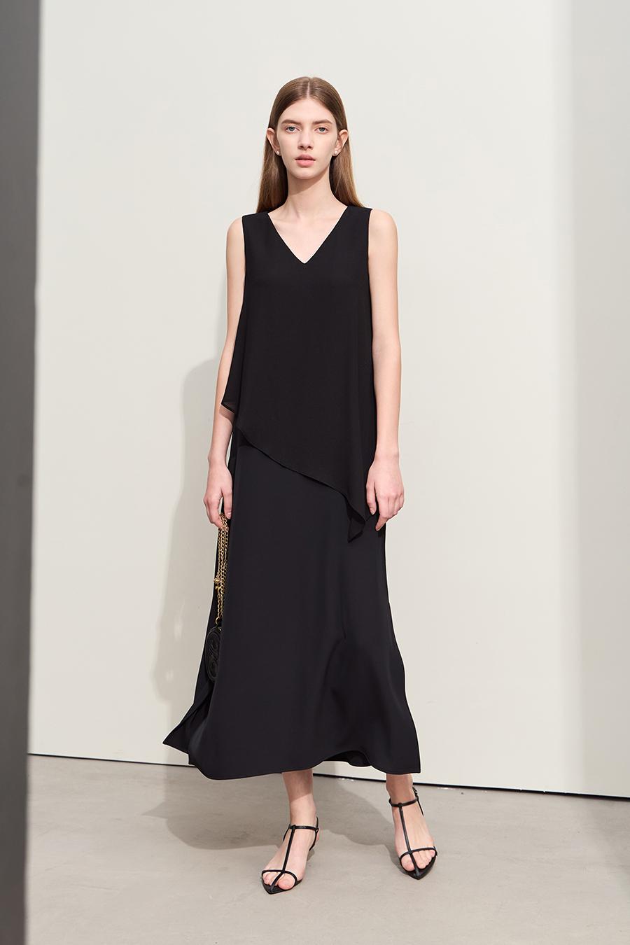 Contrast fabric spliced chiffon dress|AMII