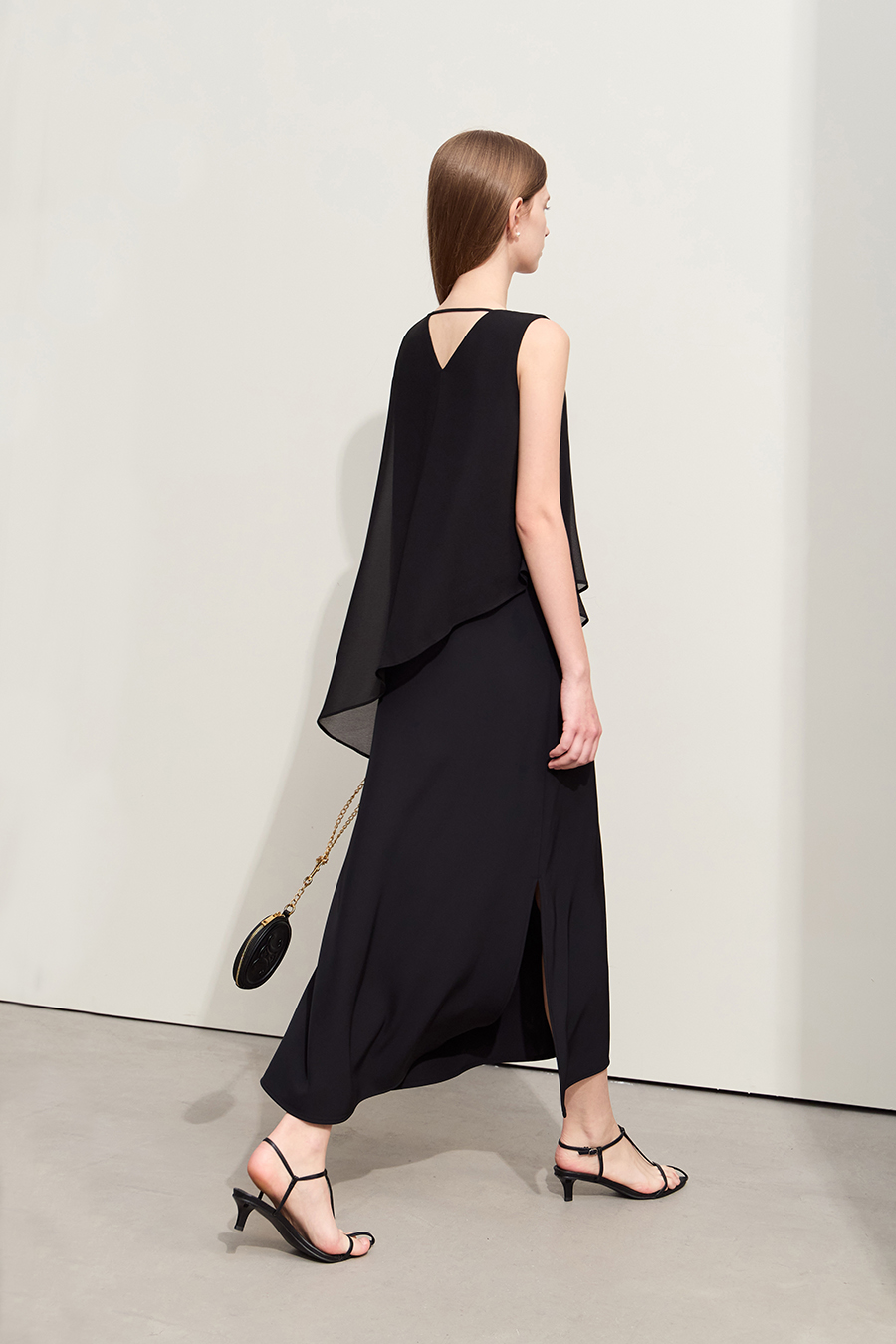 Contrast fabric spliced chiffon dress|AMII