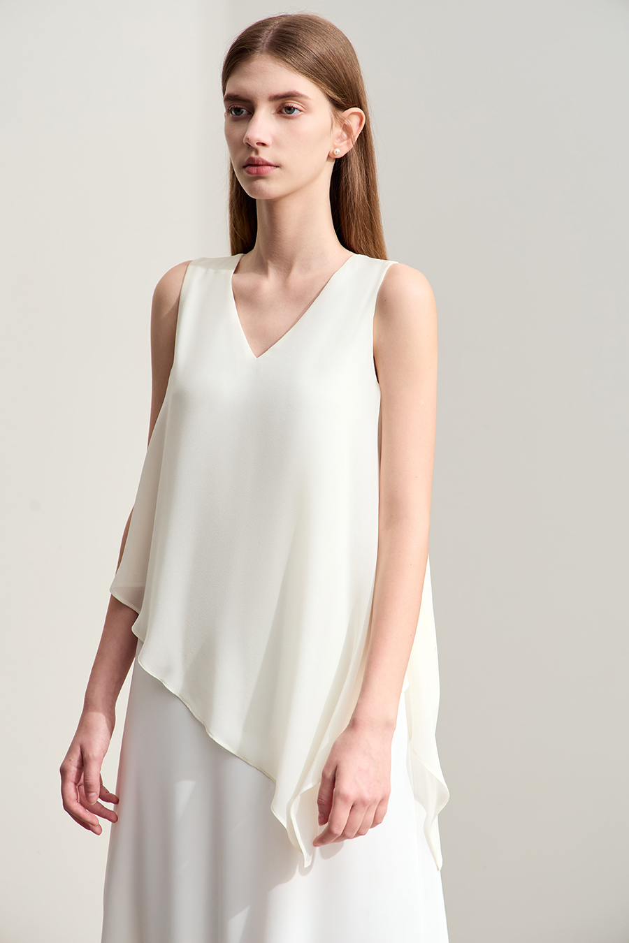 Contrast fabric spliced chiffon dress|AMII
