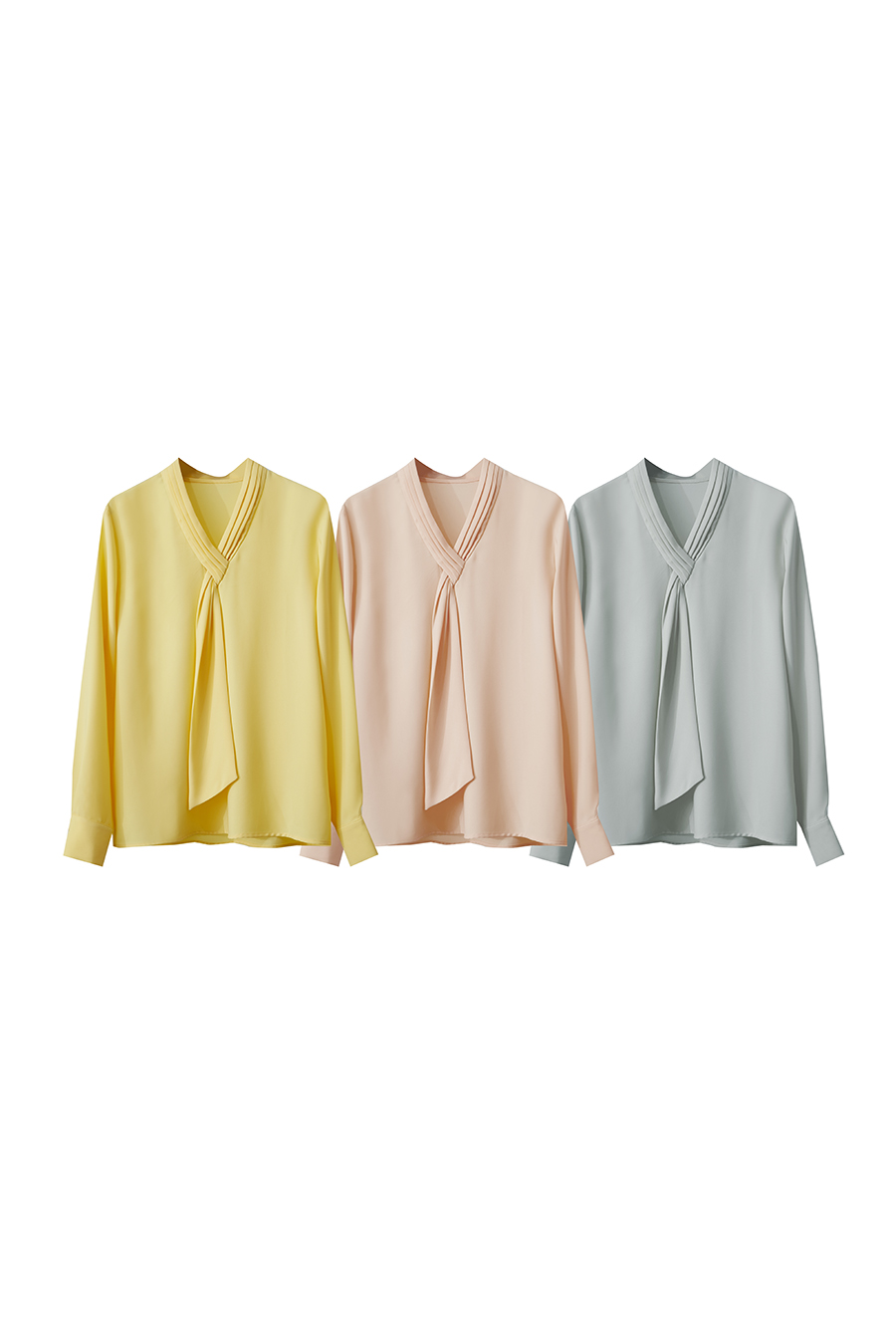 Pleated V - Neck Ribbon Shirt|AMII-AMII.com