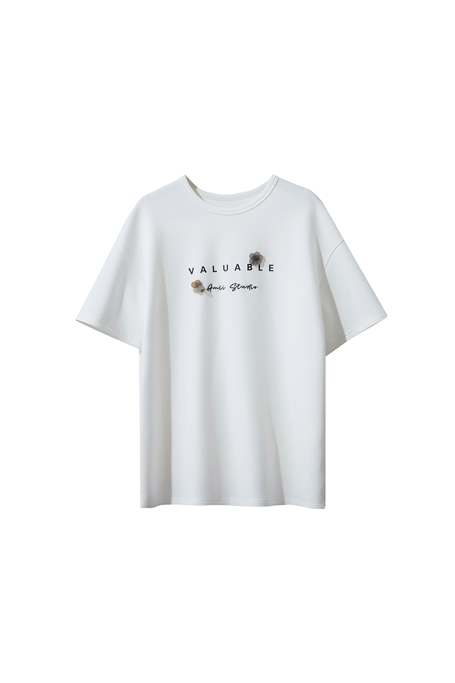 Drop-shoulder tee with sequin flower embellishment|AMII