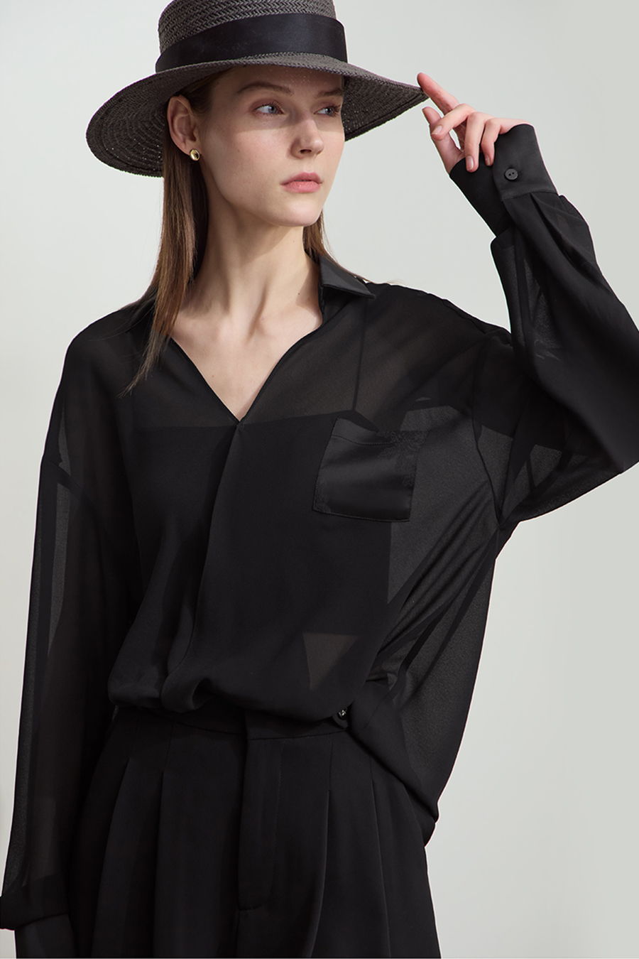 Sheer Drop-shoulder Chiffon Blouse