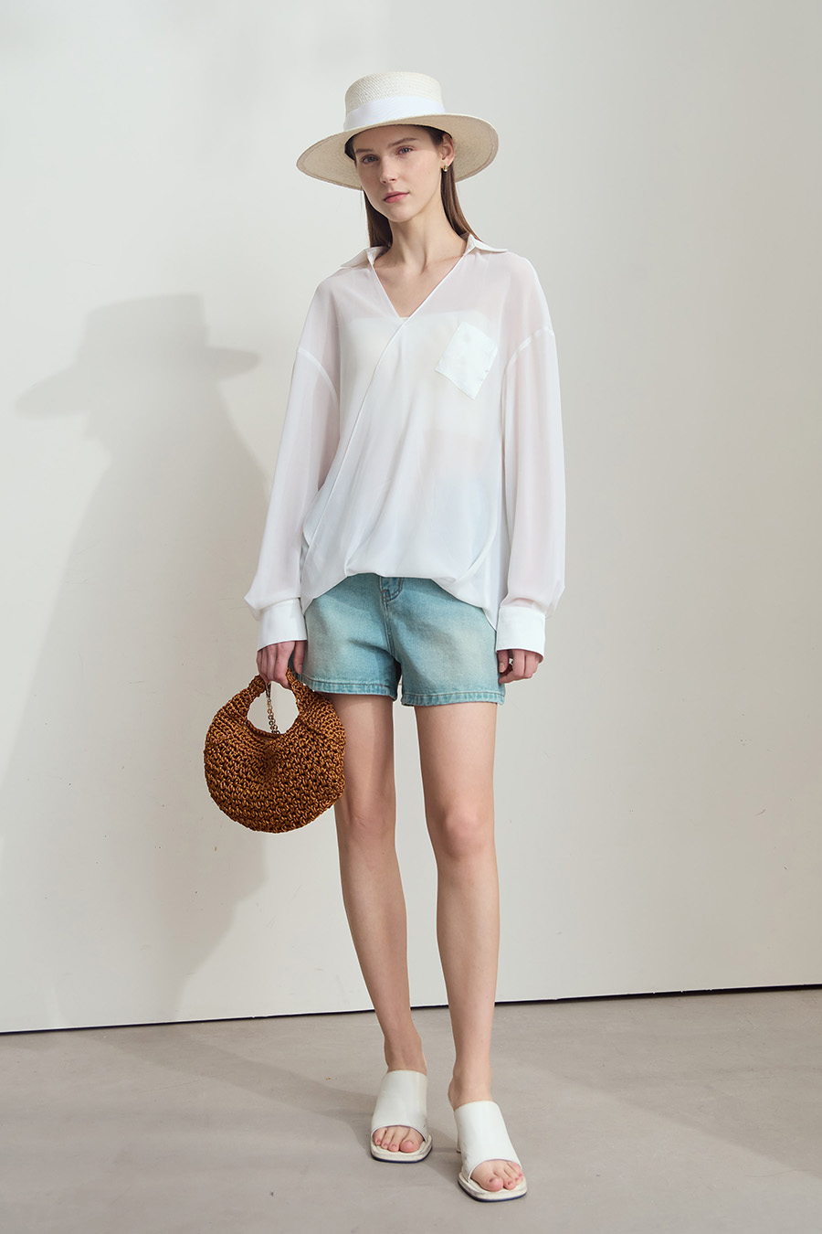 Sheer Drop-shoulder Chiffon Blouse