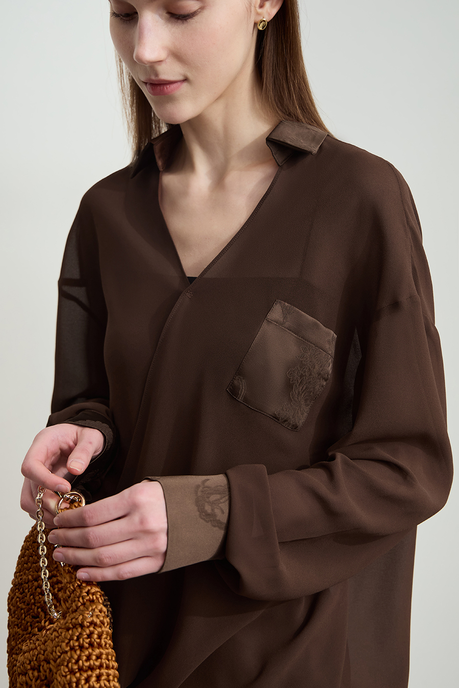 Sheer Drop-shoulder Chiffon Blouse