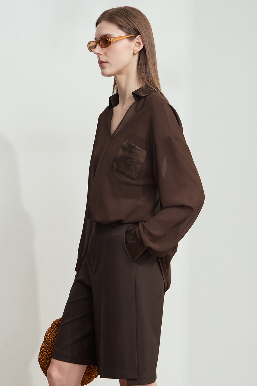 Sheer Drop-shoulder Chiffon Blouse