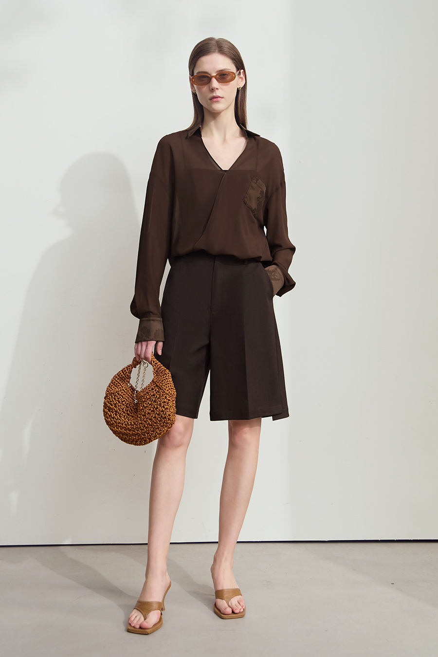 Sheer Drop-shoulder Chiffon Blouse