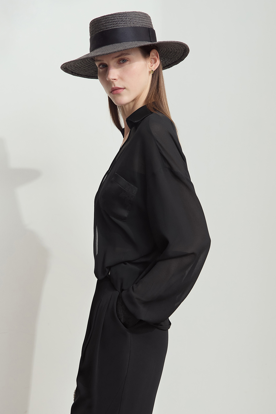 Sheer Drop-shoulder Chiffon Blouse