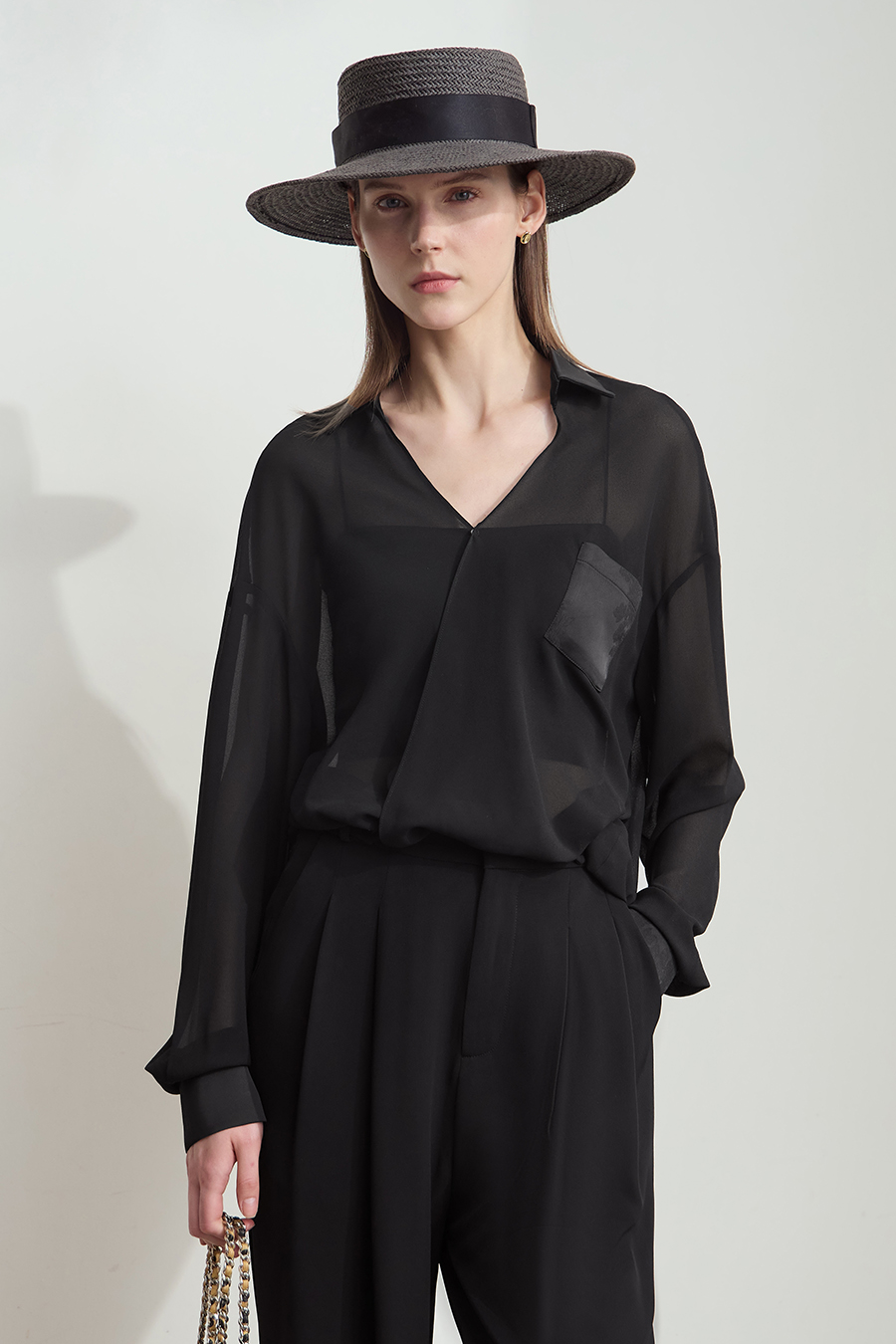 Sheer Drop-shoulder Chiffon Blouse