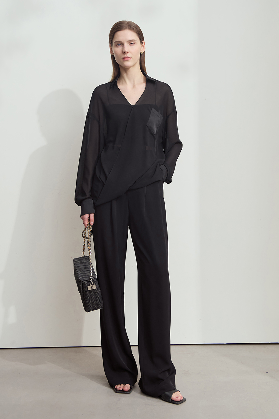 Sheer Drop-shoulder Chiffon Blouse